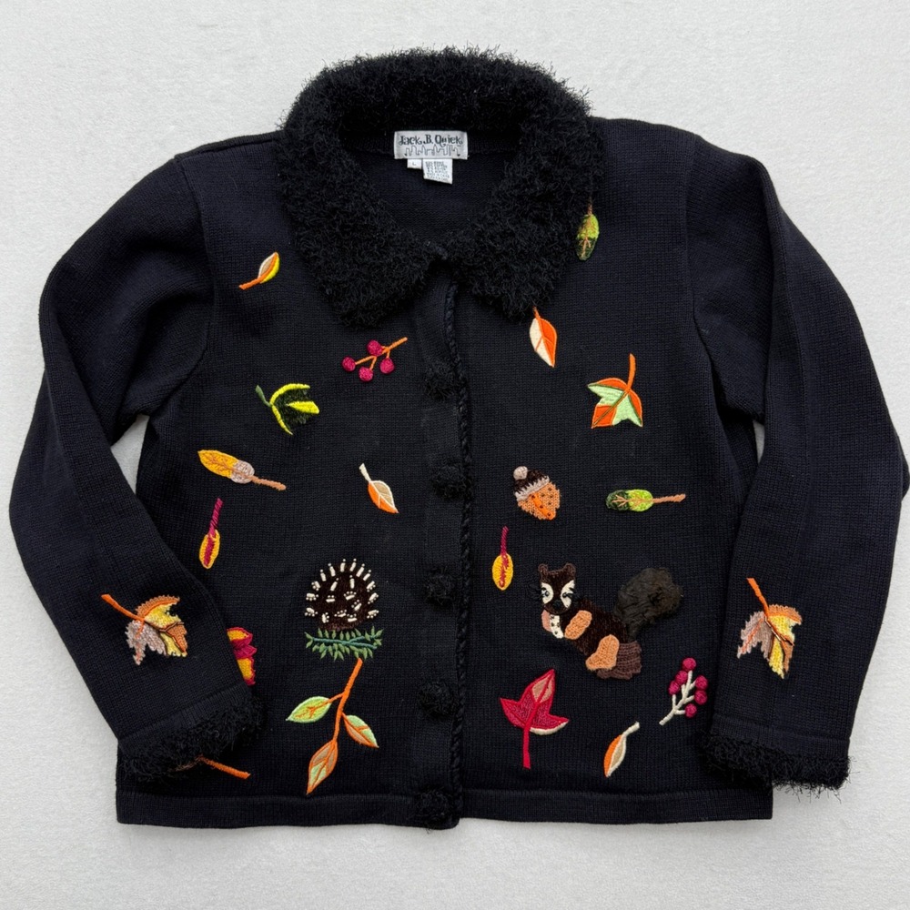 Jack B‎ Quick Black Knit Sweater Cardigan Women's L Large Fall Leaves Embroidery